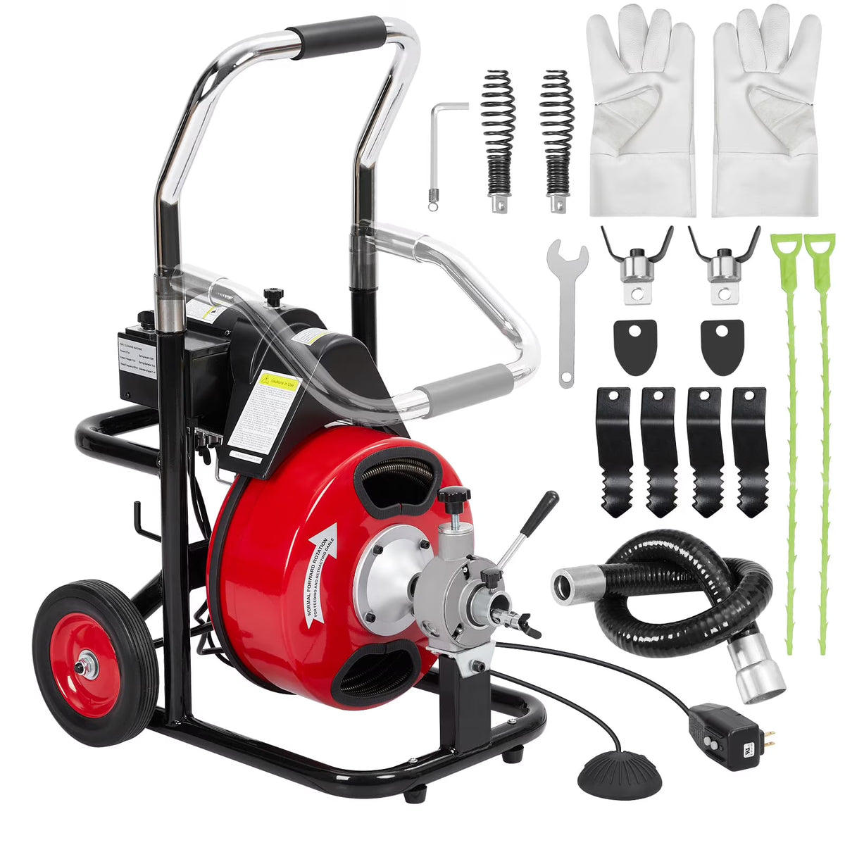 Electric Drain Cleaning Machine , Powerful Electric Auger, Sewer Snake with 4 Cutters, Air-Activated Foot Switch, and Wheels