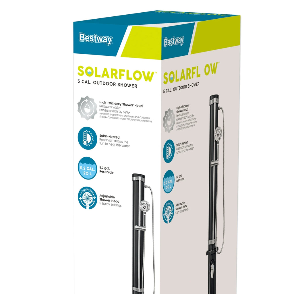 Bestway SolarFlow Outdoor Shower 2gal/8L: Oversized Shower Head and Stand, Easy Installation, & Adjustable Water Flow. Experience the ultimate convenience.