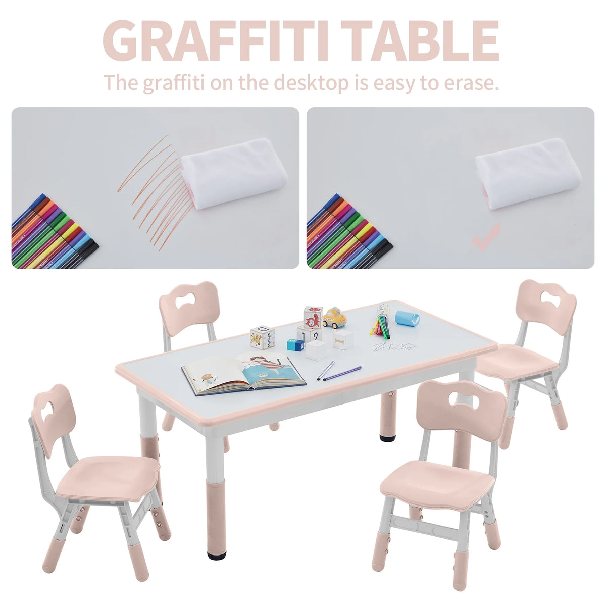 Toddler Table and Chairs Set for 4, 47.2''L x 23.6''W Kids Study Table and Chair Set, Height-Adjustable, Graffiti Desktop, Children Activity Table for Daycare, Classroom, Home