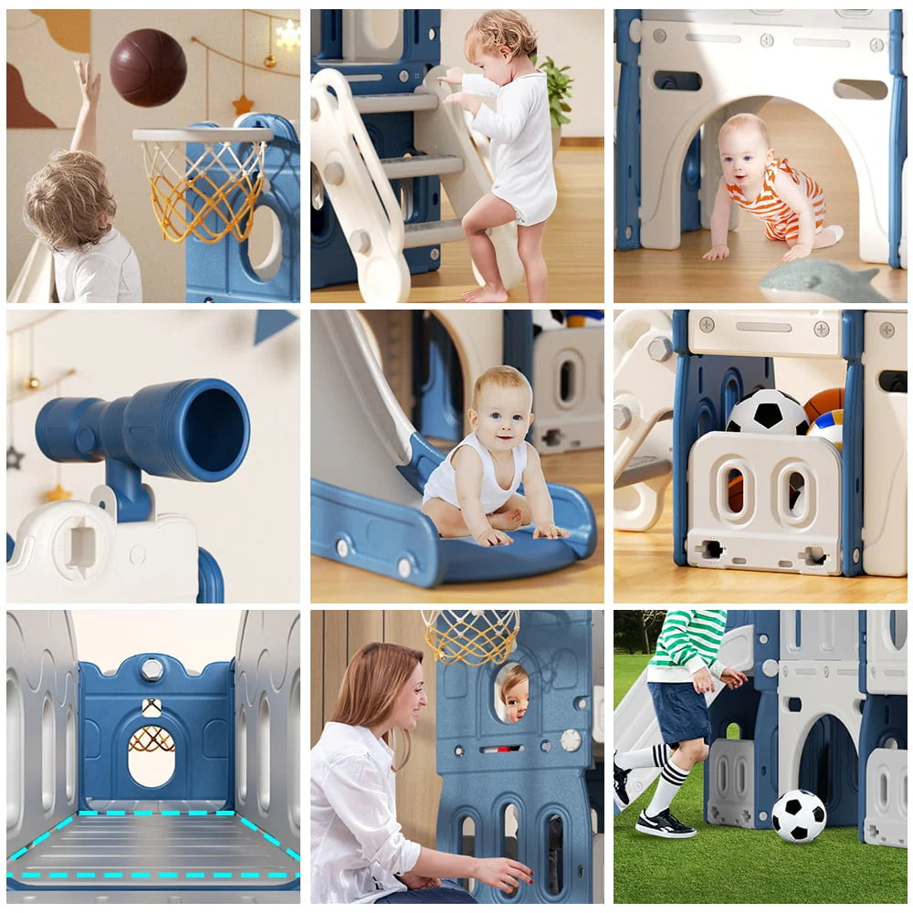 XJD 8-in-1 Toddler Slide Climber, Slide Set Playground for Kids, Slide Toddlers Climber and Slide Set with Basketball Hoop and Ball, Slide for Toddlers Age 12 Month +(Blue)