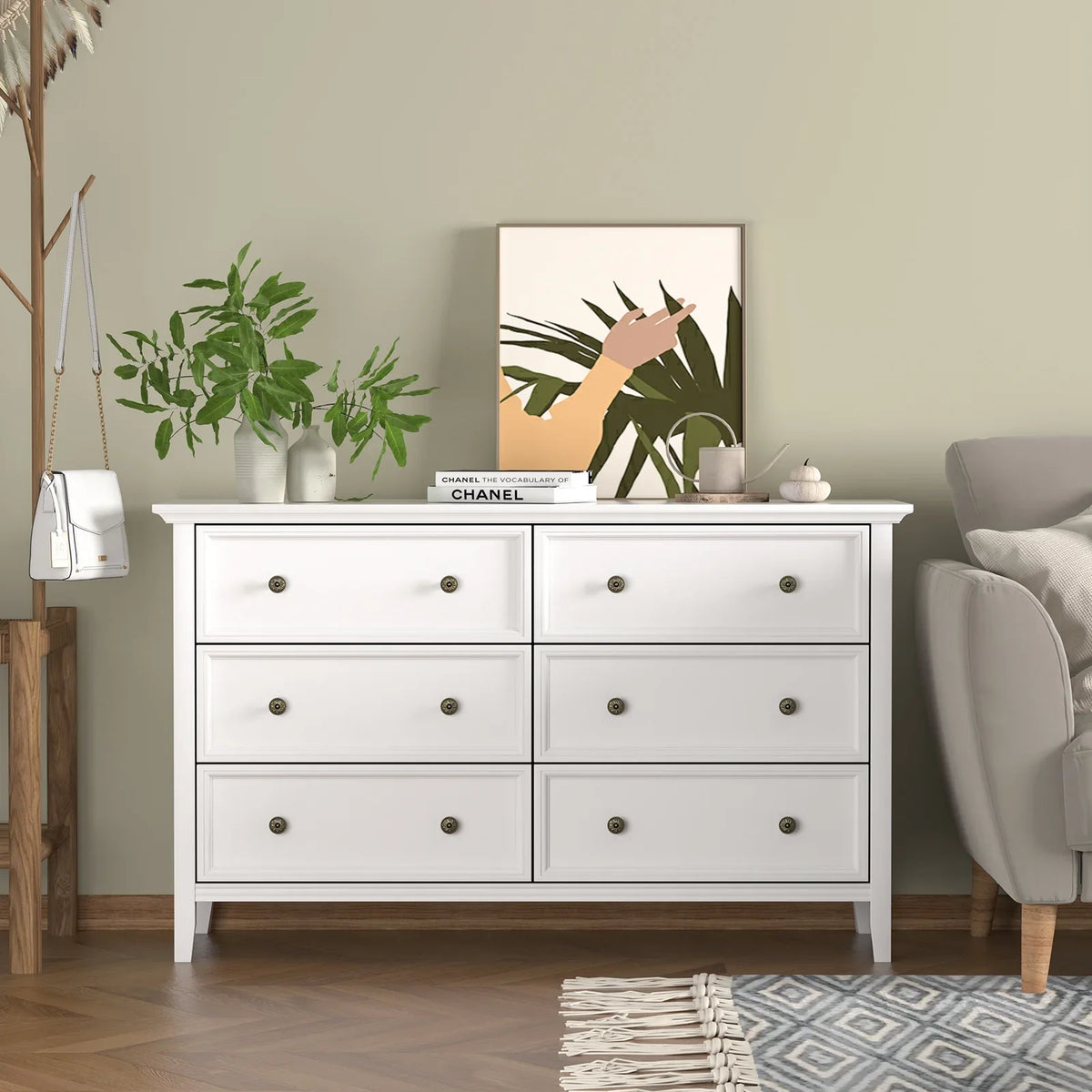 IKENO 6 Drawers White Dresser, Modern Solid Wood Chest of Drawers, White Dresser for Bedroom Room