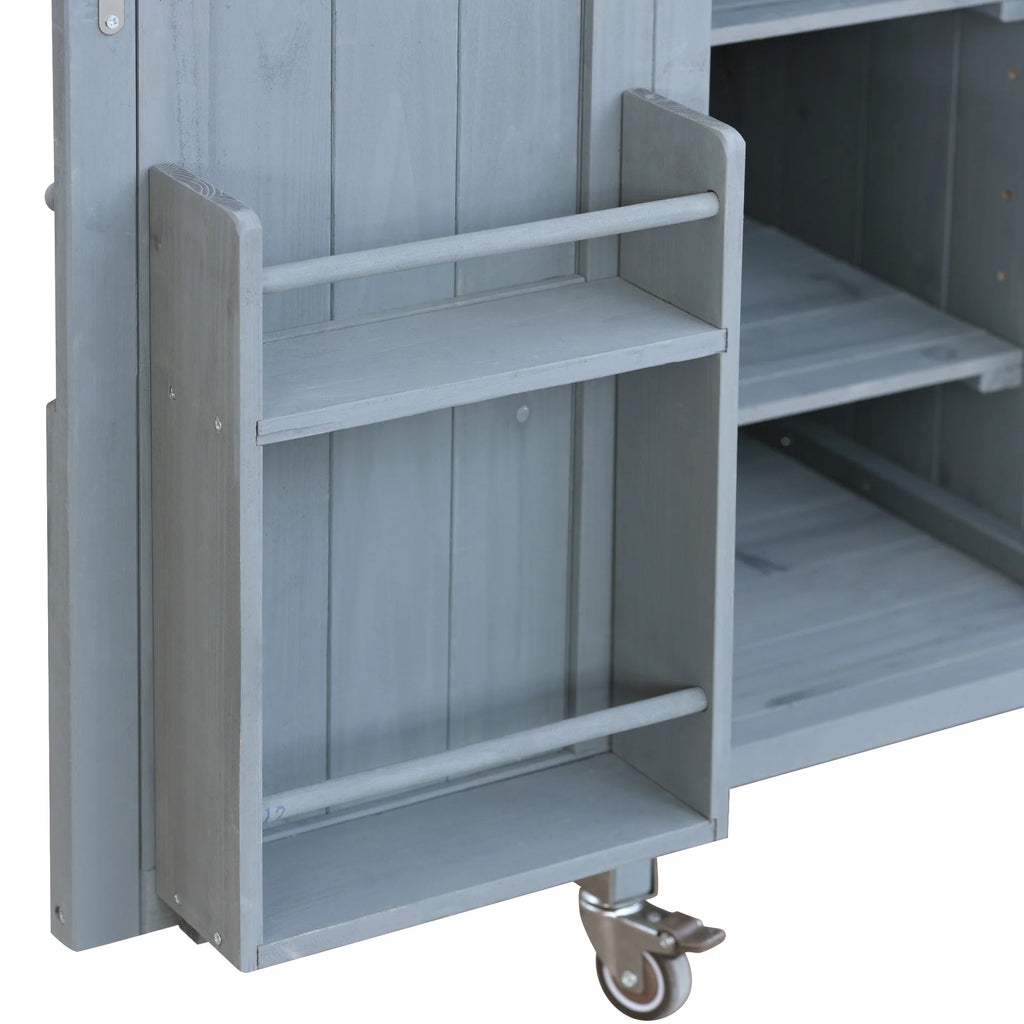 Outdoor Kitchen Island, Rolling Bar Cart & Storage Cabinet, Farmhouse Solid Wood Outdoor Grill Table with Stainless Steel Top, Spice Rack , Towel Rack for Kitchen & BBQ , Natural