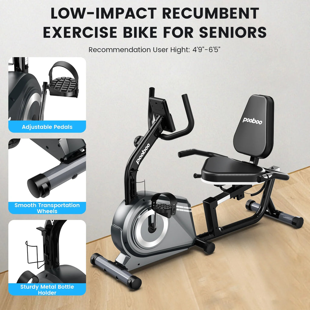 Pooboo Recumbent Exercise Bicycles for Adults Seniors Sit Down Stationary Bicycle 8 Level Adjustable Magnetic Resistance Indoor Cycling Exercise Bike 350 lbs Capacity