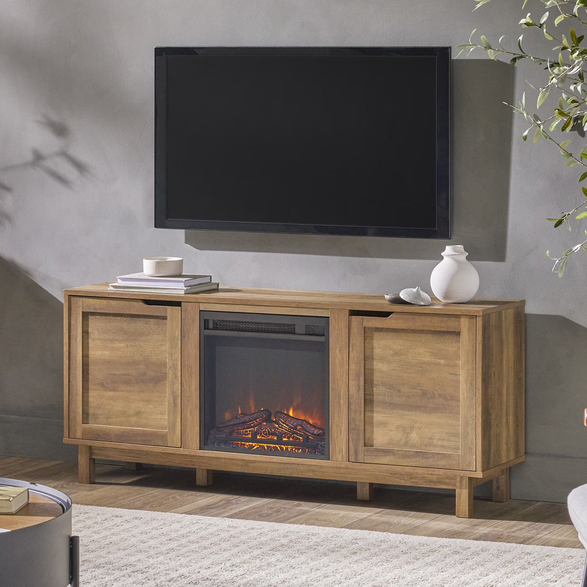 Walker Edison Transitional 2-Door Fireplace TV Stand for TVs up to 65, Reclaimed Barnwood