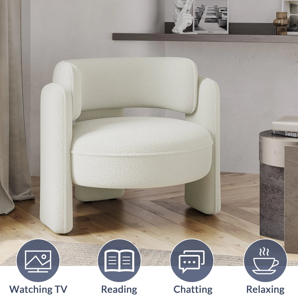 BELLEZE Sherpa Boucle Chair, Modern Barrel Accent Chair Comfy Round Upholstered Armchair Accent Side Chair for Living Room, Bedrooms, Corner - Quinton White