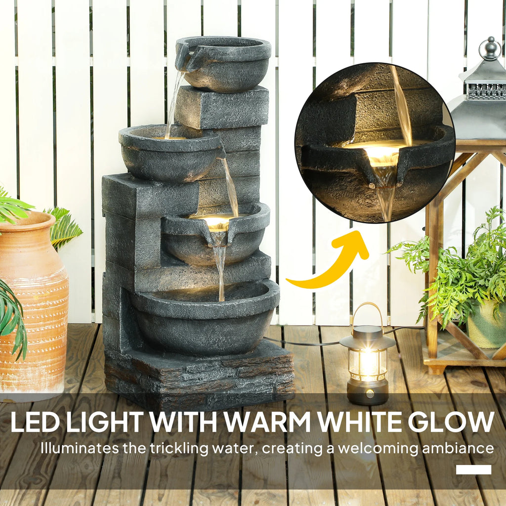 Outsunny 30" Outdoor Fountain with Lights, 4-Tier Resin Cascading Water Bowls Garden Fountain with Pump, Gray