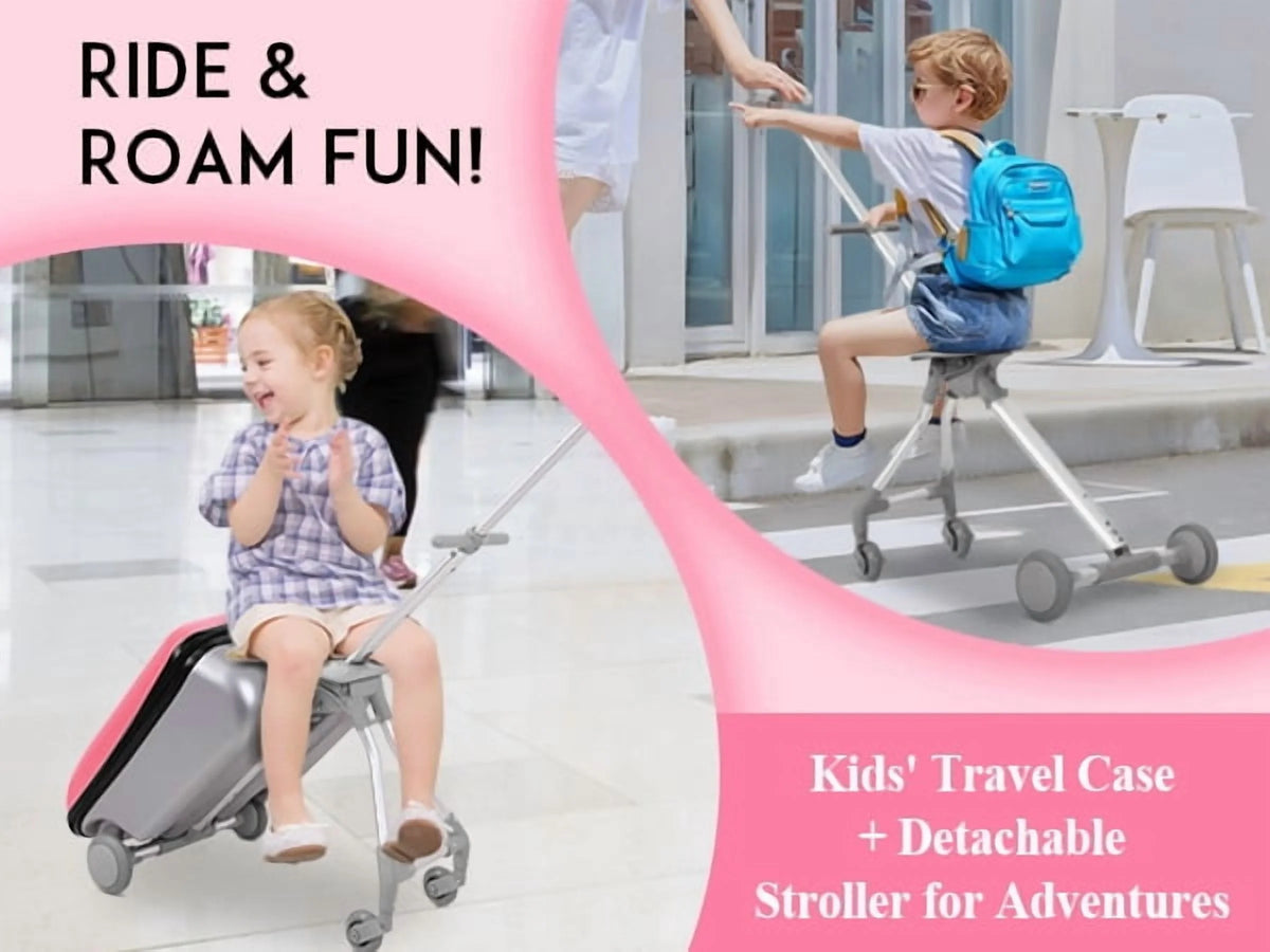 Fridtrip 20 Inch Hardside Carry on Luggage - 3-in-1 Kids Ride-on Suitcase with Spinner Wheels, Child Seat & Stroller Design, Lightweight Hard Shell Travel Luggage with Large Capacity for Family Trips