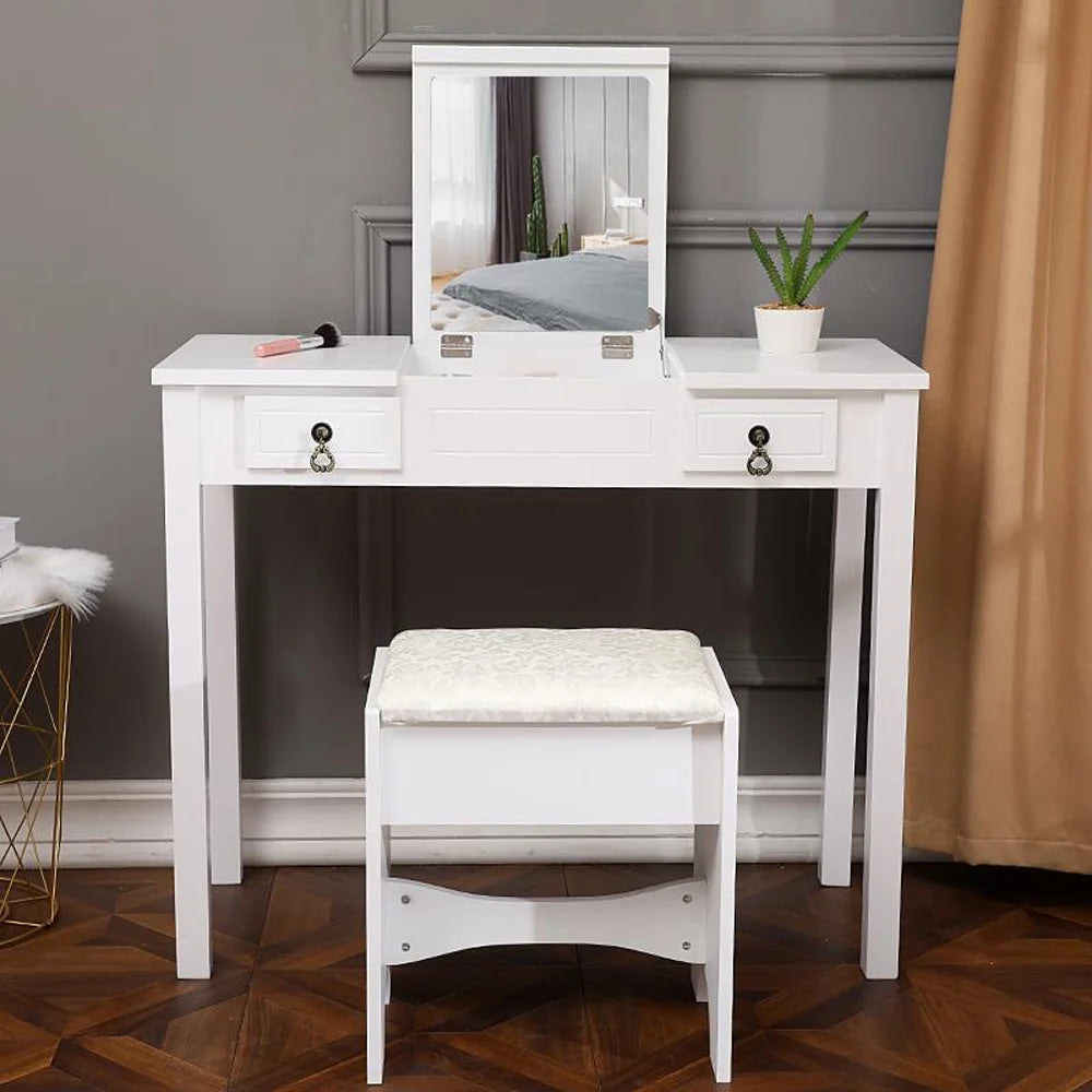 Ktaxon Vanity Set,Flip-top Mirror Dressing Table Makeup Vanity Table Writing Desk with 2 Drawers and Stool, White