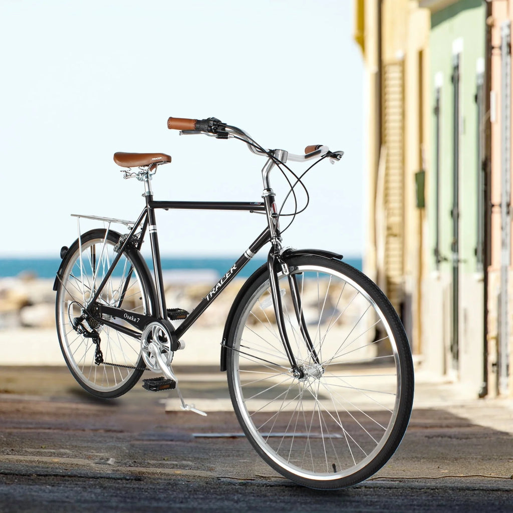 Tracer Osaka Men's Hybrid City Bike 21" Matte Black Steel Frame Shimano 7 Speed 28" Wheels Comfort Bike Urban Commuter