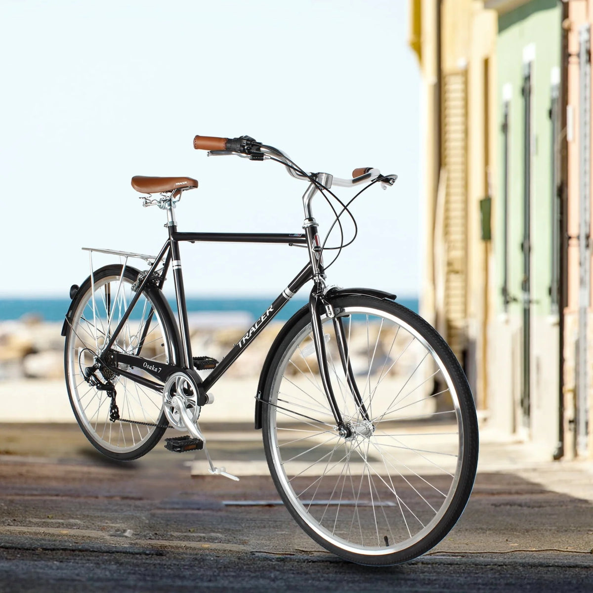 Tracer Osaka Men's Hybrid City Bike 21" Matte Black Steel Frame Shimano 7 Speed 28" Wheels Comfort Bike Urban Commuter