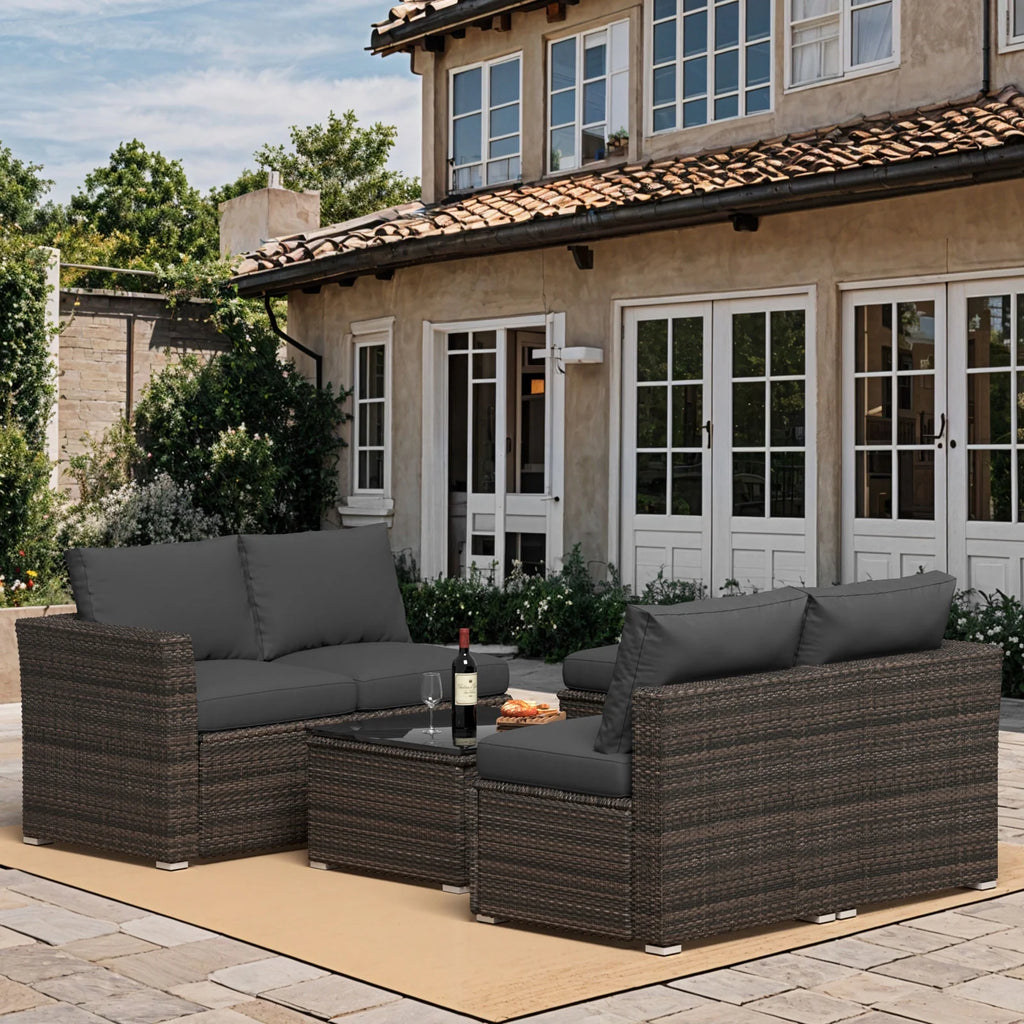 6 Pieces Wicker Patio Furniture Set Outdoor Conversation Set, All Weather PE Rattan Sectional Sofa Couch with Storage Table and Cushions, Beige