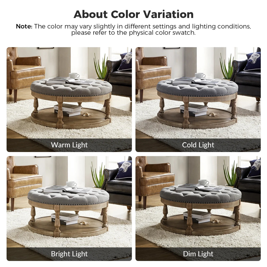 36'' Wide Blue Round Large Ottoman Tufted Coffee Table with Storage Wood Legs Home Living Room
