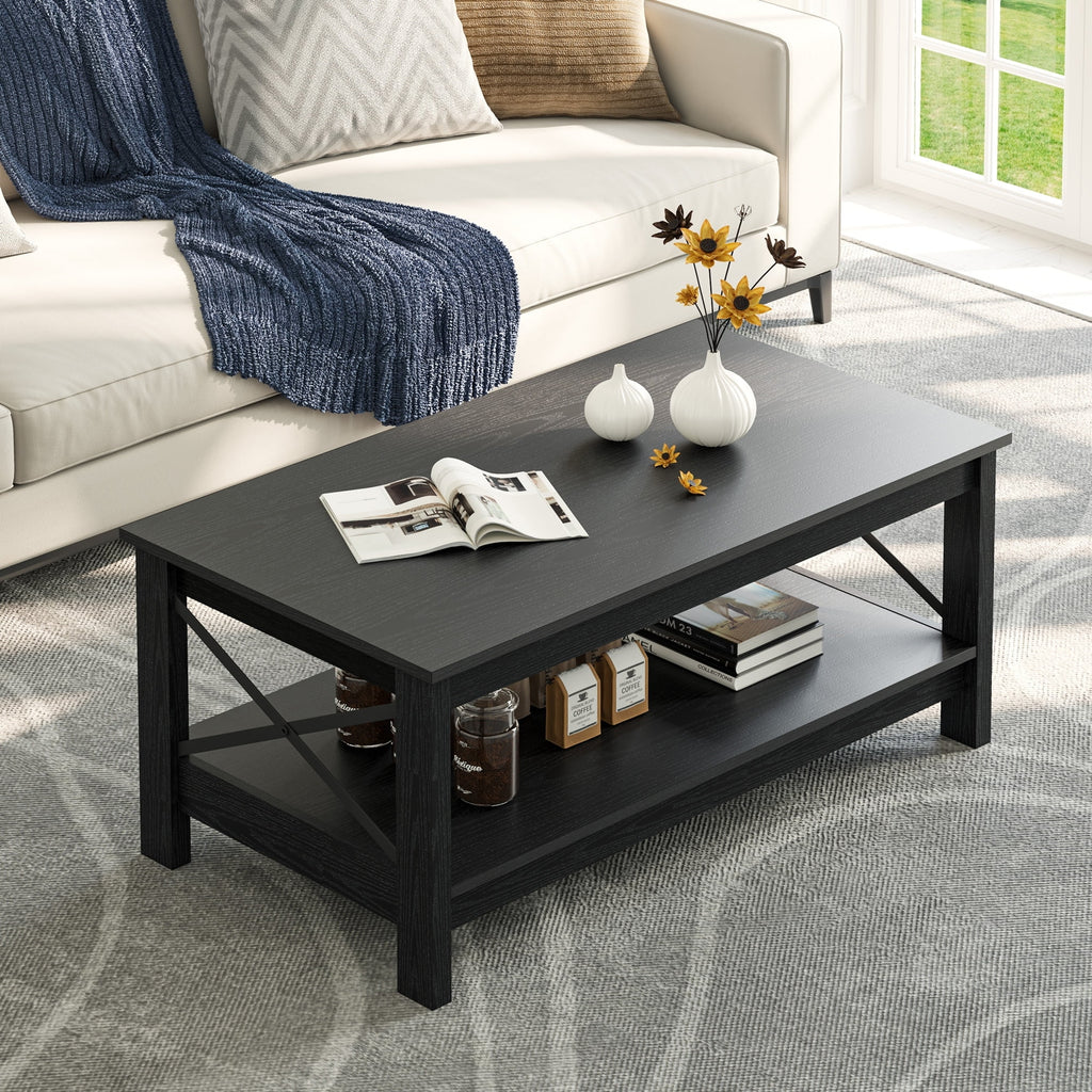 Moasis Farmhouse Coffee Table with Storage 2-Tier Center Table for Living Room Grey Wash Top+White