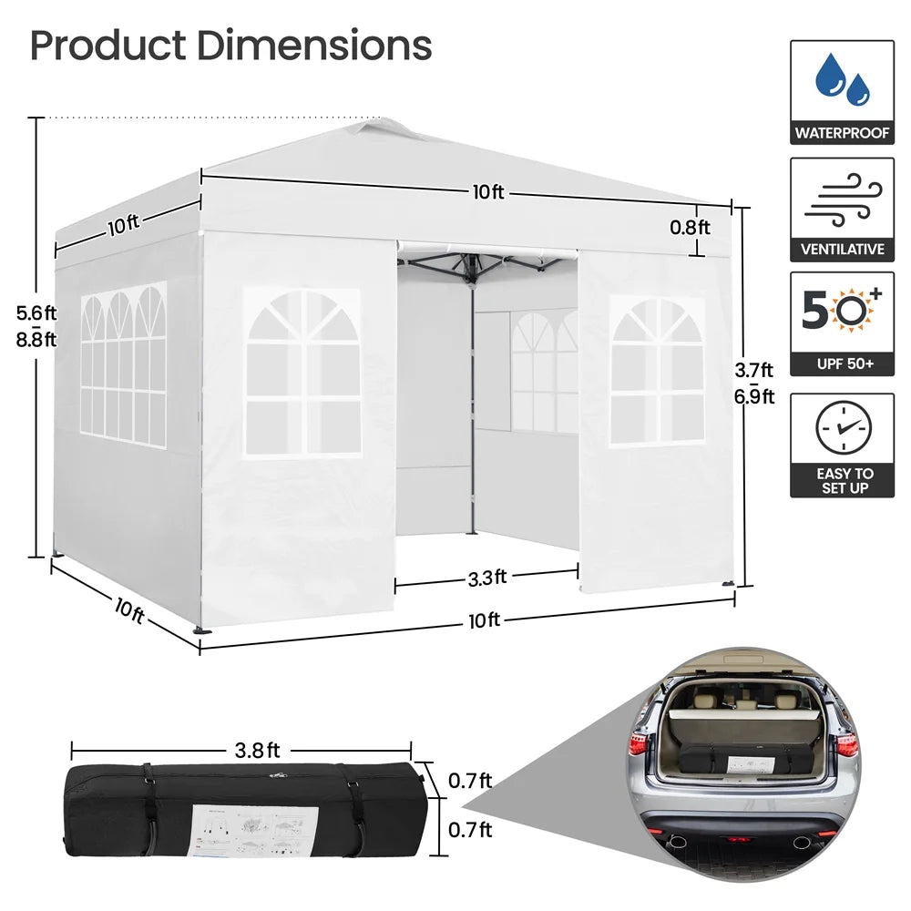 Renwick 10x10 Ft Instant Pop Up Canopy with 4 Side Walls and Roller Bag, White