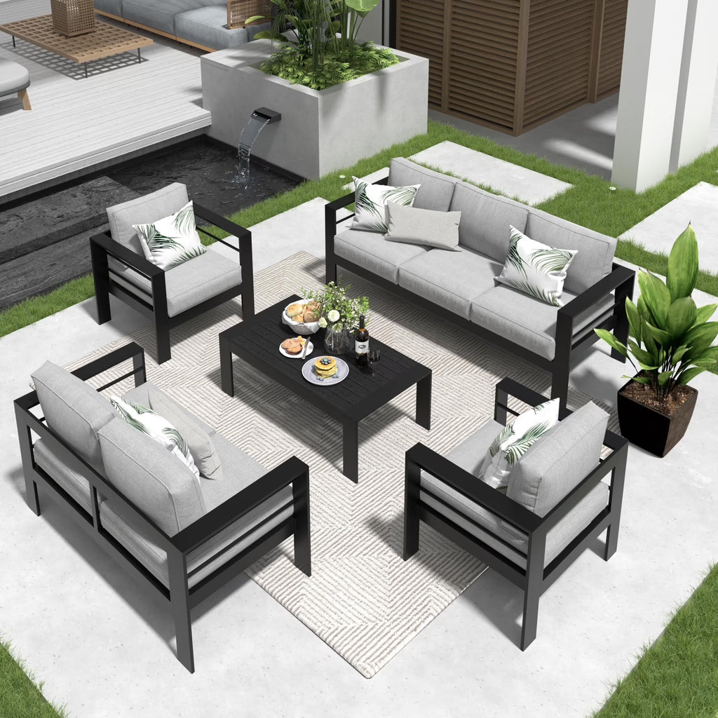CozyHom 5 Pcs Outdoor Patio Aluminum Furniture Sofa Sets, Outside Patio Conversation Couch Sets With Table&Cushions for Garden Porch, Gray