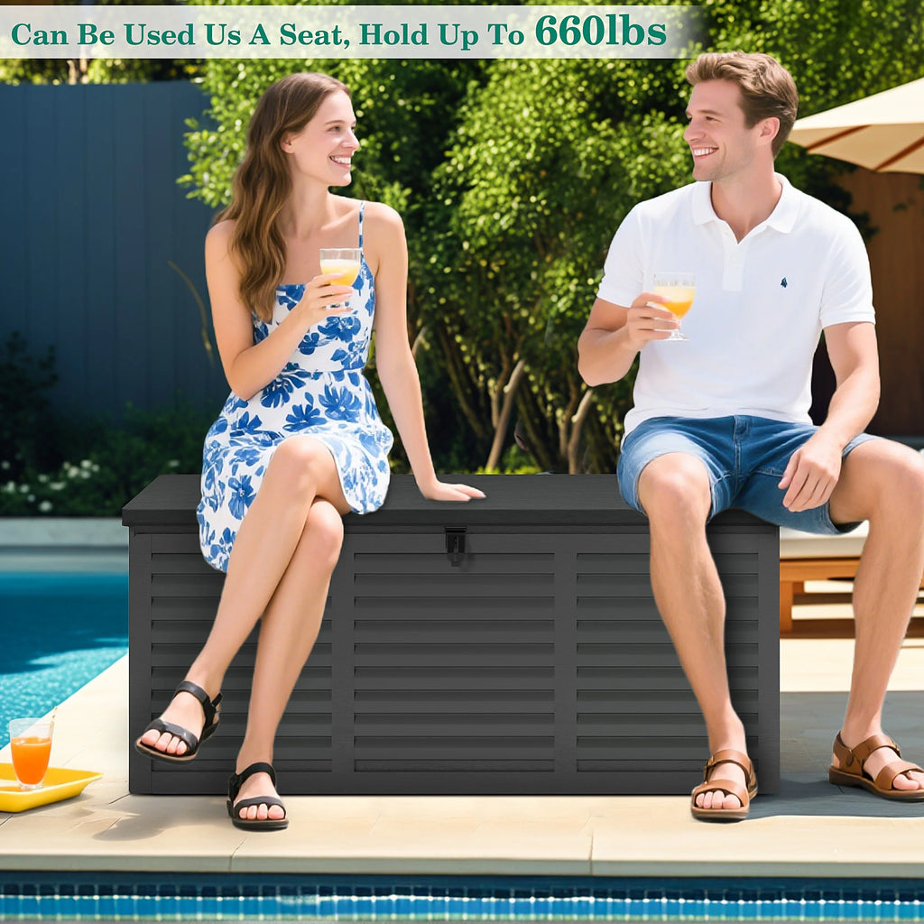 130 Gallon Resin Deck Box, Outdoor Lockable Storage Container for Patio Cushions, Garden Tools, Pool Supplies, Toys, Waterproof and UV Resistant, Reinforced Rib Design, Gray