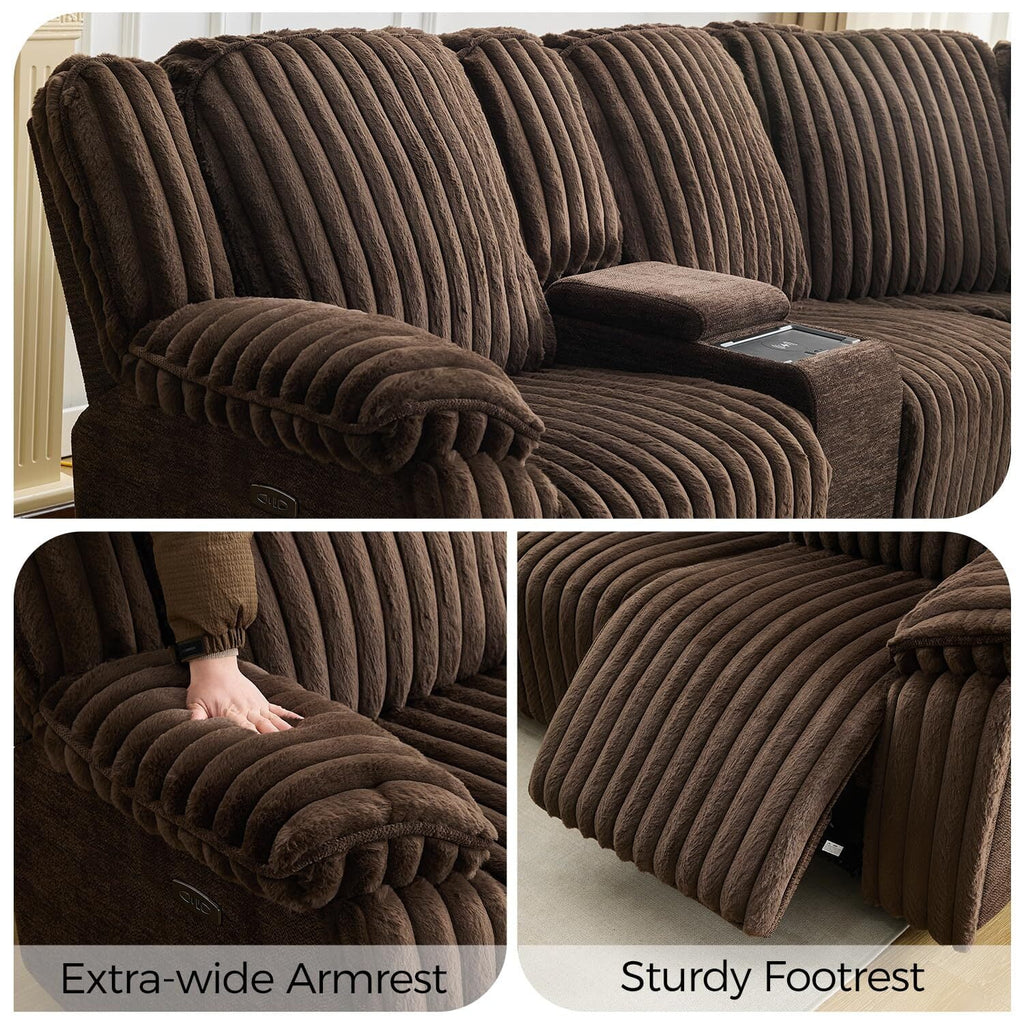 Power Reclining Sectional Sofa with Wireless Charger,6-Seater Faux Fur Sectional with Recliners,Hidden Cup Holders,Storage Console,USB & Type-C Ports,Black