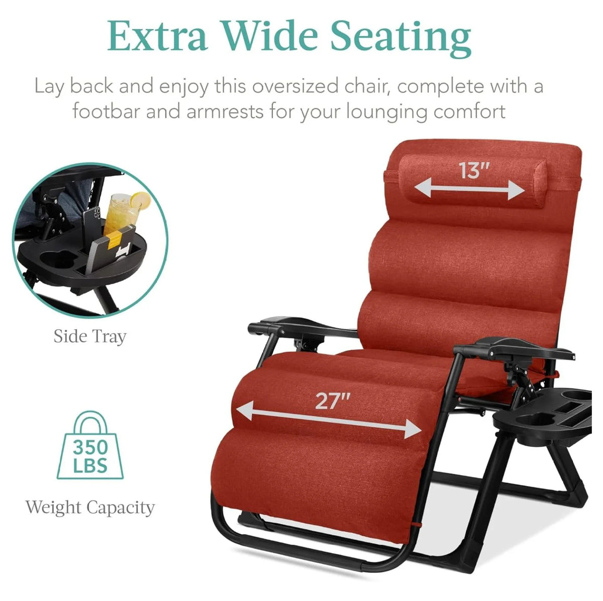 Oversized Chair, Folding Outdoor Patio Recliner, XL Anti Gravity Lounger w/Removable Cushion, Cup Holder, Side Tray, 350lb Capacity - Taupe