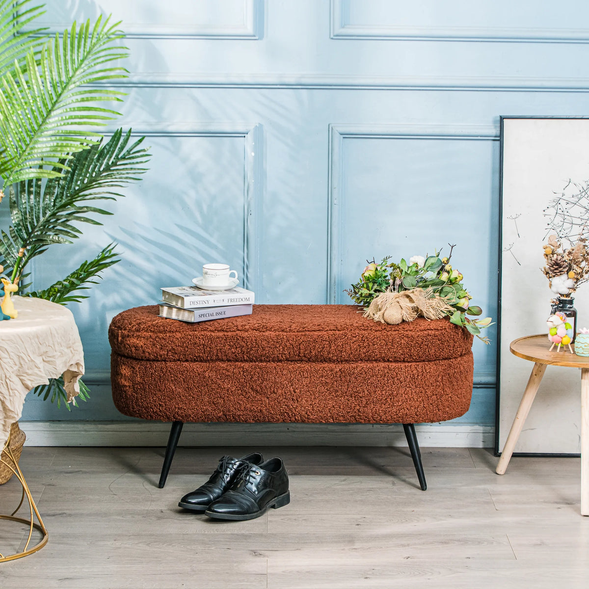 Metal and White Boucle Storage Bench Modern Design Style Entryway