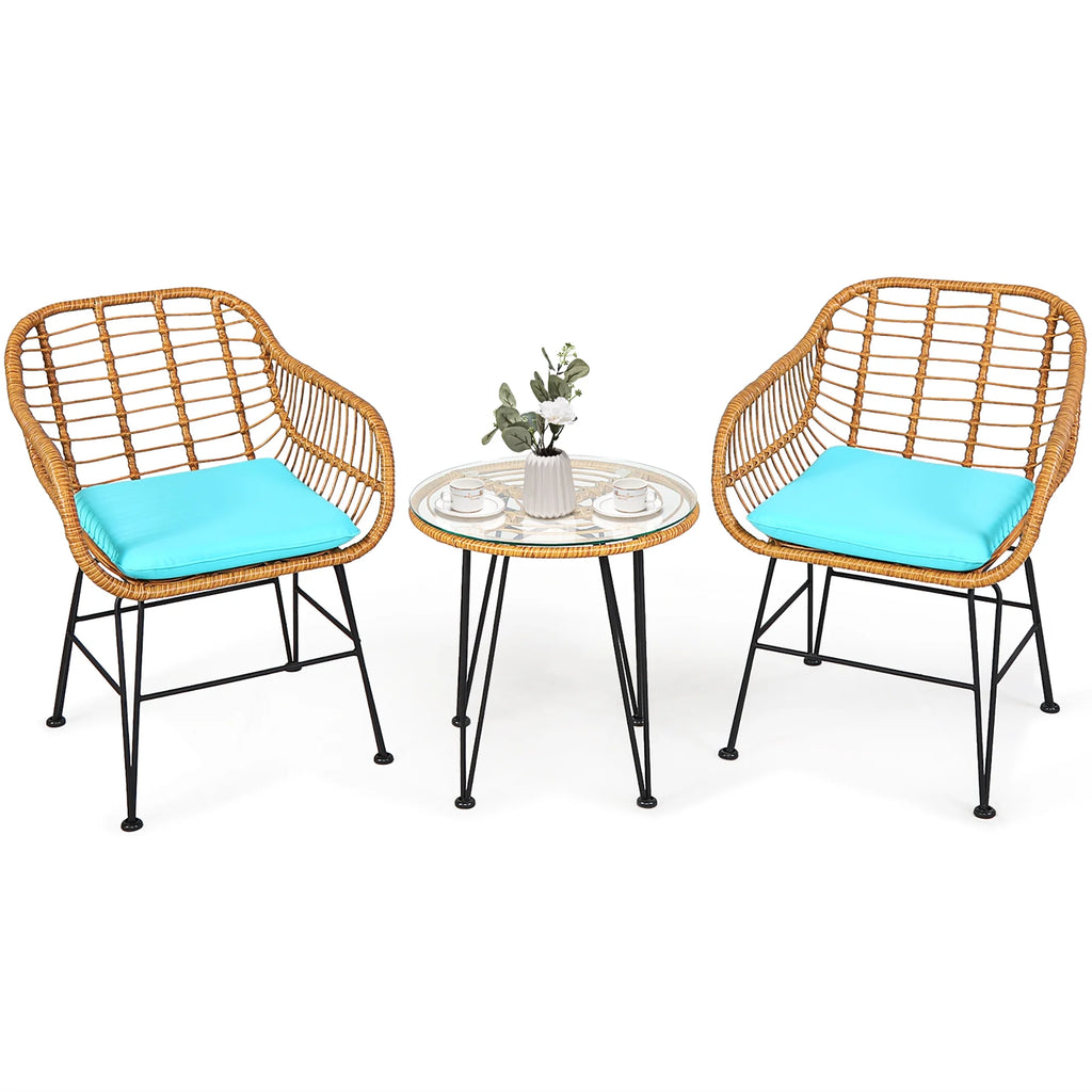 Costway 3PCS Patio Rattan Bistro Furniture Set Cushioned Chair Table Navy