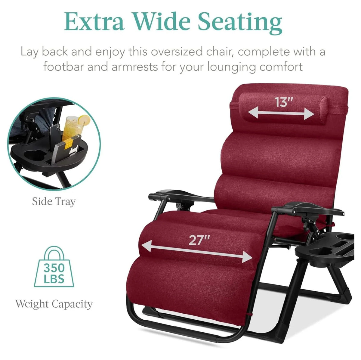 Oversized Chair, Folding Outdoor Patio Recliner, XL Anti Gravity Lounger w/Removable Cushion, Cup Holder, Side Tray, 350lb Capacity - Taupe