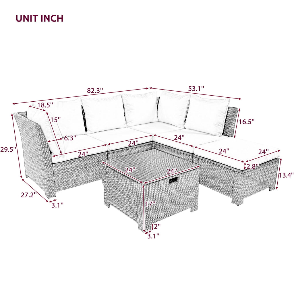 Euroco 6-Piece Outdoor Sofa Set with Storage Box, PE Wicker Seating Set for 5, Beige