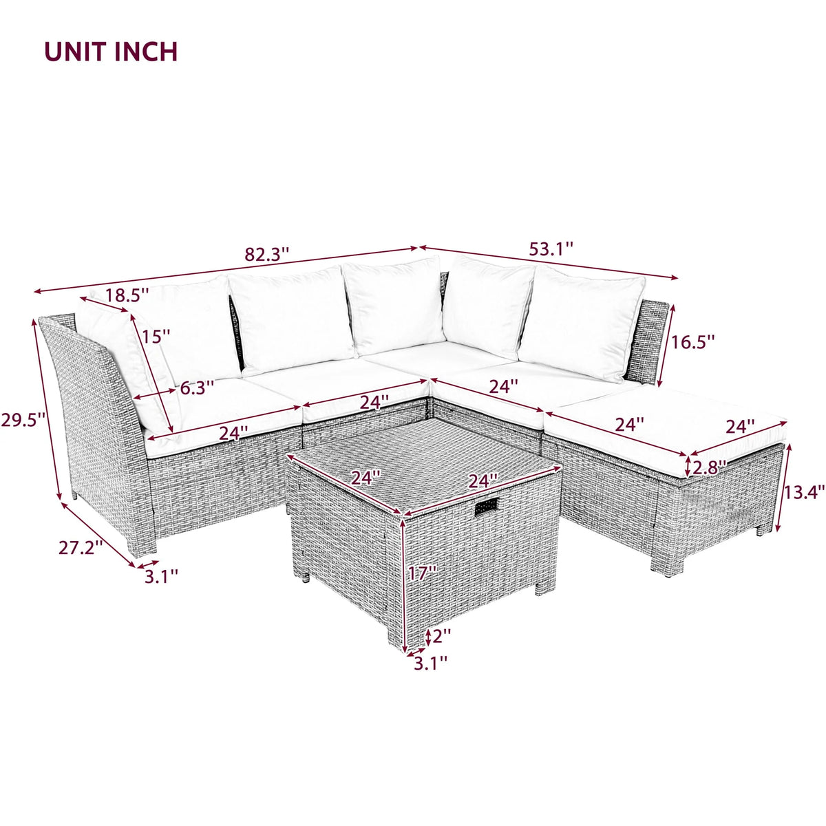 Euroco 6-Piece Outdoor Sofa Set with Storage Box, PE Wicker Seating Set for 5, Beige