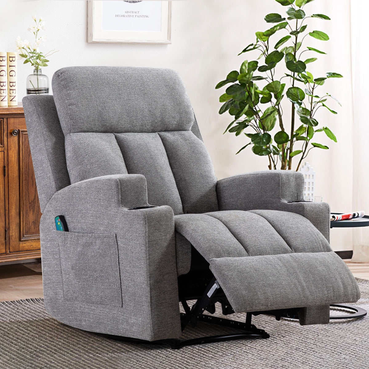 Bonzy Home Heated Manual Massage Recliner with Cup Holder Padded Breathable Fabric Recliner, Home Theater Seating Navy