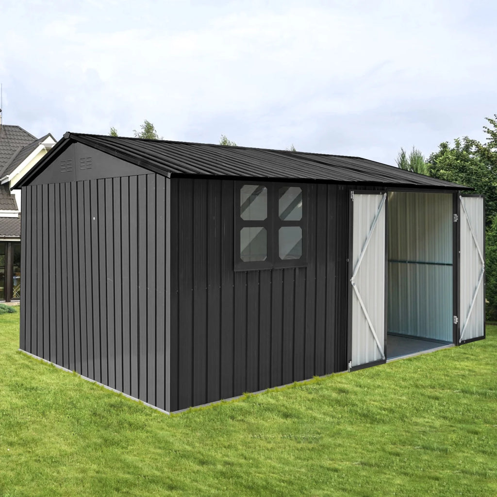 10x12 FT Outdoor Storage Shed, Metal Garden Tool Shed with Vents, Window and Bulit-in Hooks, Waterproof  Organization for Home/Backyard/Garden Tools/Lawn Storage, Yellow+White