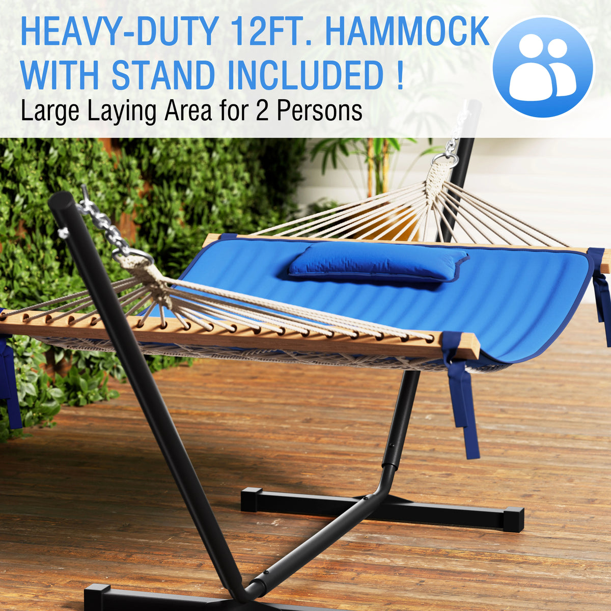 VEIKOUS 2-Person Hammock w/Metal Stand, Detachable Pad & Pillow 450lbs Weight Capacity, White