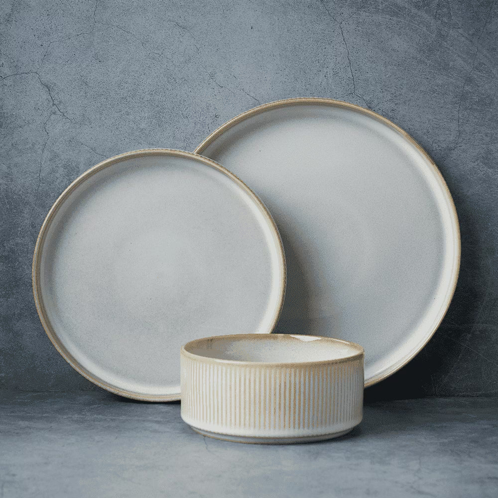 Famiware Star Stoneware Dinnerware Sets, Plates and Bowls Set for 4, 12 Piece Dish Set, Cappuccino White