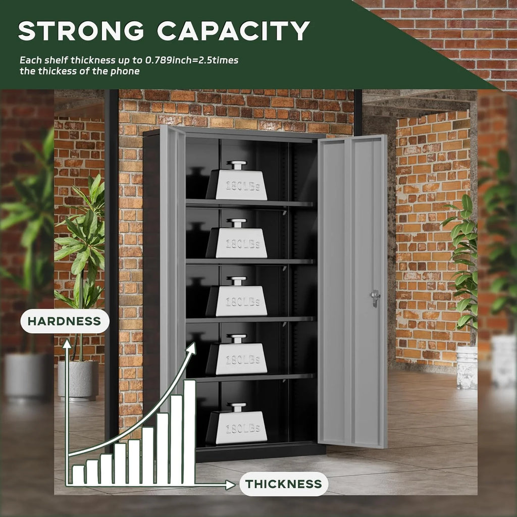 SOLAURA 72 inches Tall Metal Garage Storage Cabinets, Lockable Steel Storage Cabinet with Doors and Adjustable Shelves for Office, Home, Shops, Garage, Assembly Required, Black