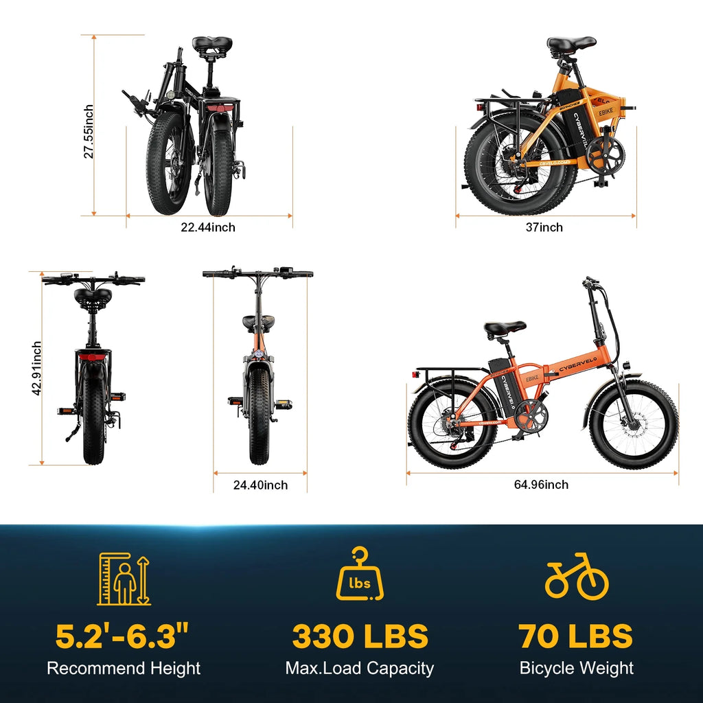 Cybervelo 1000W Folding Electric Bike, 48V 960WH Large Removable Battery E-Bike, 30+MPH, 80 Miles Max Range, 20" Fat Tire Electric Bike for Adults, Adult Electric Bicycles for Commute