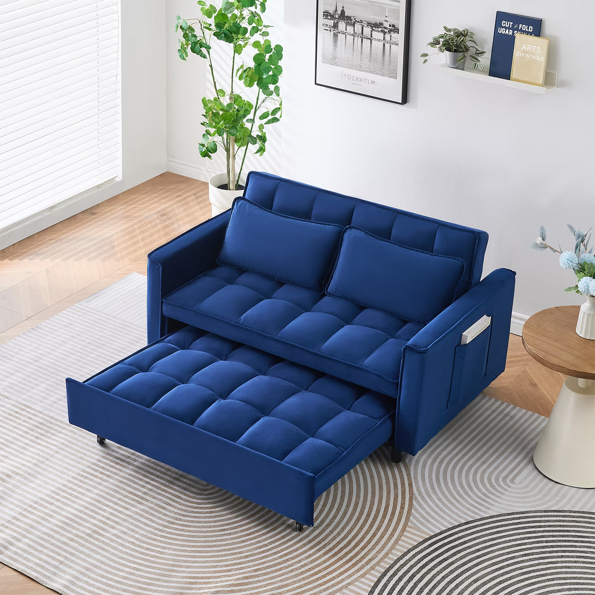 Adjustable Back Velvet Futon Sofa Bed, Modern Convertible Couples Sleeper with Side Pockets, Fold Down Couch for Living Room, Apartment,Blue