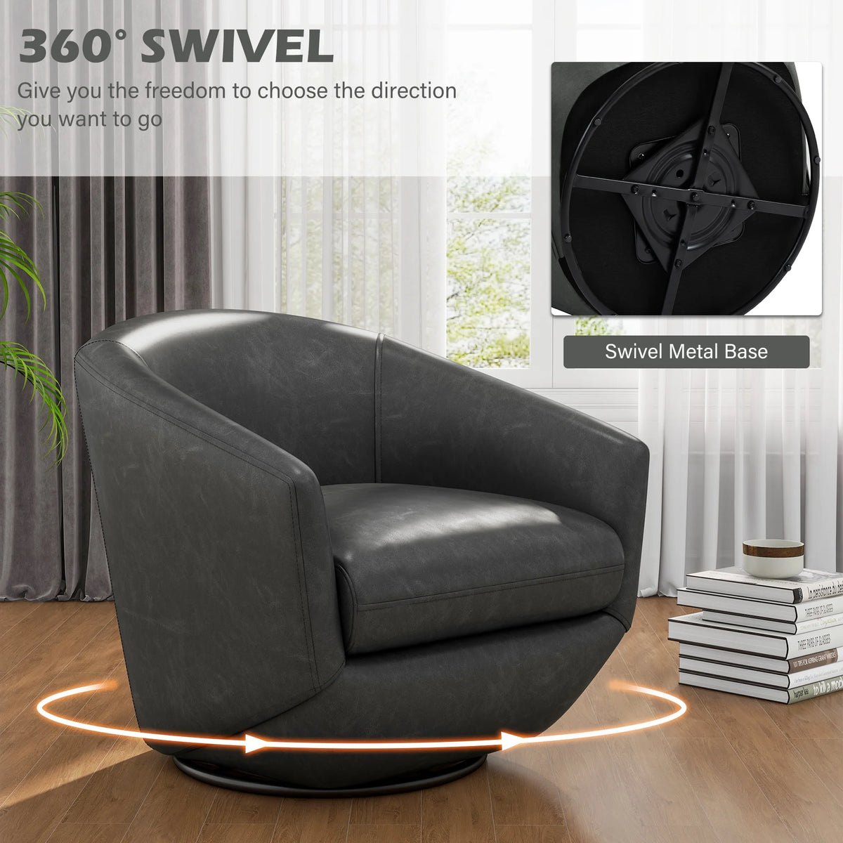 DREAMSIDEA Faux Leather Swivel Accent Chair Sets of 2 360 Swivel Barrel Chair,Swivel Club Sofa for Living Room, Bedroom, Office,Brown