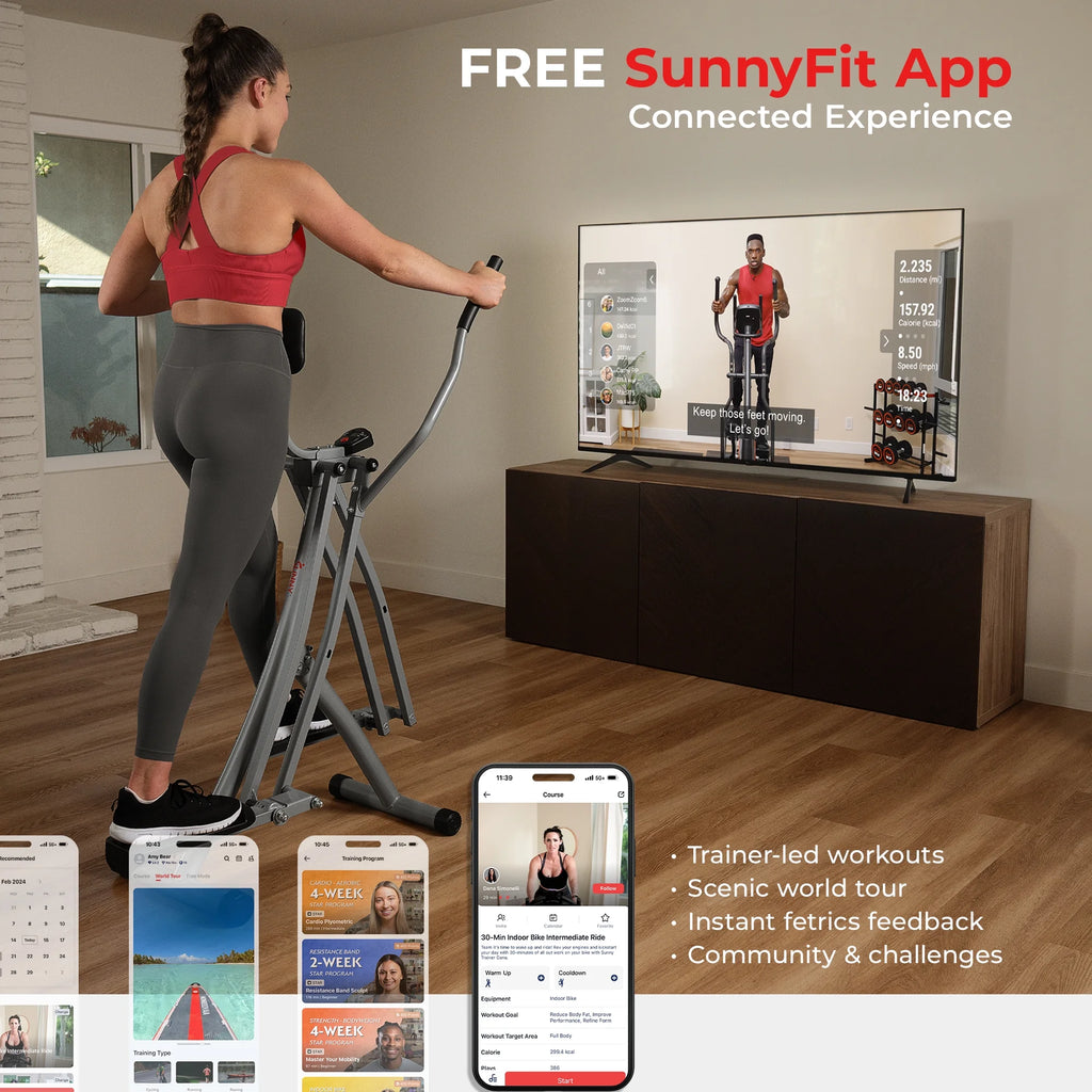 Sunny Health & Fitness Manual Air Walker Elliptical 30 Stride, Low Impact, Lightweight, Quiet with Free SunnyFit App