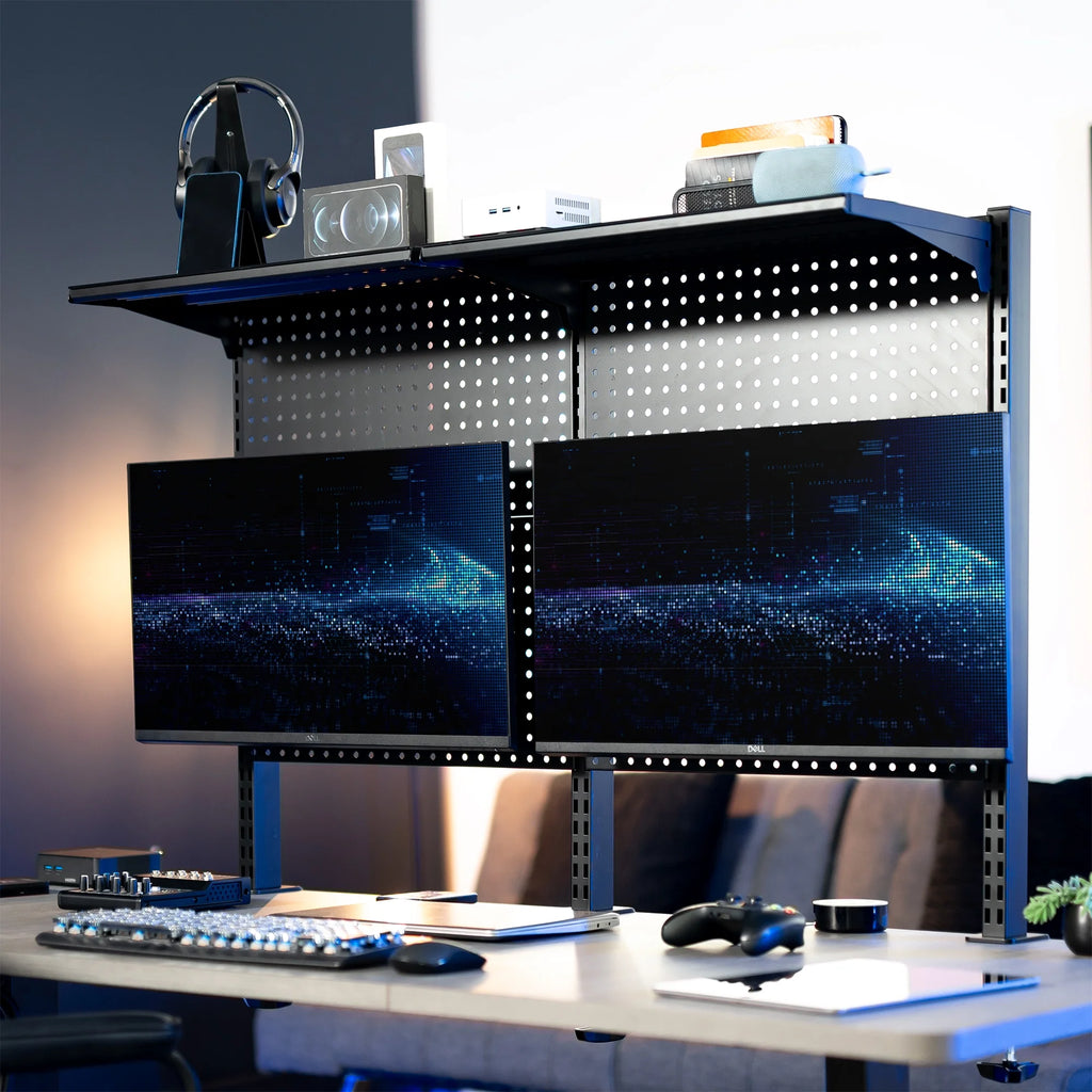 VIVO Black Steel Clamp-on 47" Pegboard with Monitor Mounts & Overhead Shelf