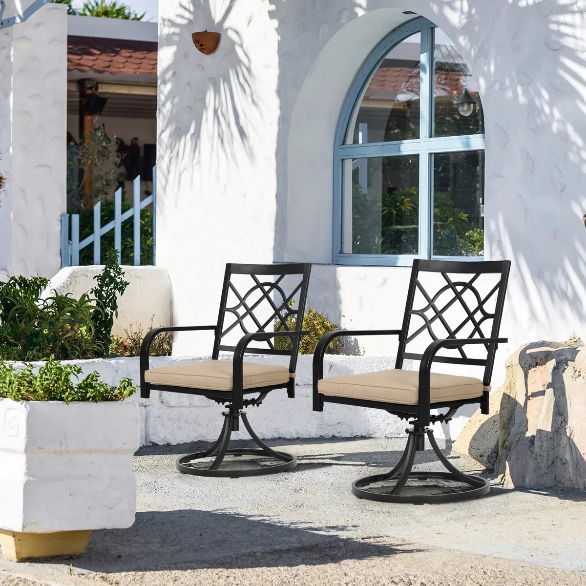 SUNCROWN 5-Piece Outdoor Wrought Iron Chairs and Table Patio Dining Furniture Set - 4 Stackable Metal Chairs, 1 Steel Slat Bistro Table and 1 Sky Blue 9Ft Patio Umbrella for Garden Backyard Deck