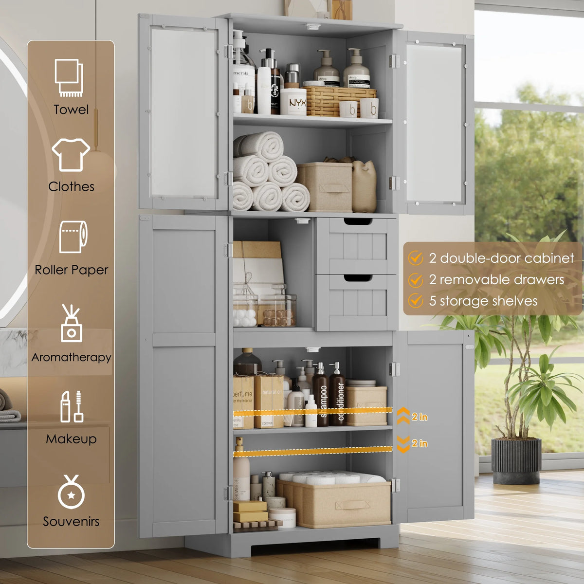 Homfa 67" Tall Bathroom Cabinet, White Linen Cabinet with Doors and Removable Drawers, Kitchen Cupboard