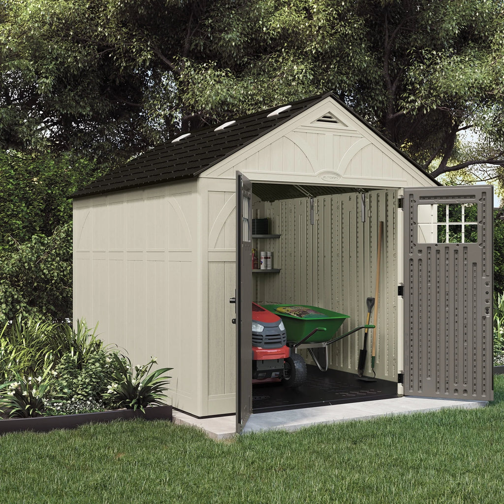 Suncast Metal and Resin Storage Shed, Vanilla, 8ft x 10ft, 547 Cu. ft. coverage area