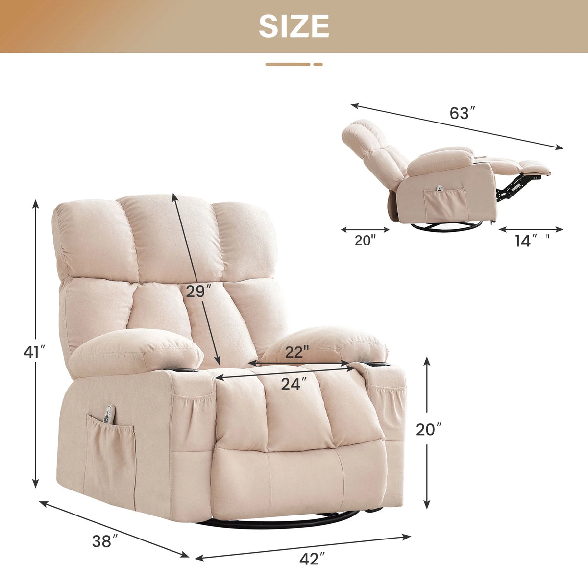 JONPONY Manual Recliner Chair with Heat Therapy and Massage Function, Heavy Duty Reclining Mechanism Massage Chair, Elderly Single Rocker Sofa with Cup Holders for Bedroom Home Theater,Grey