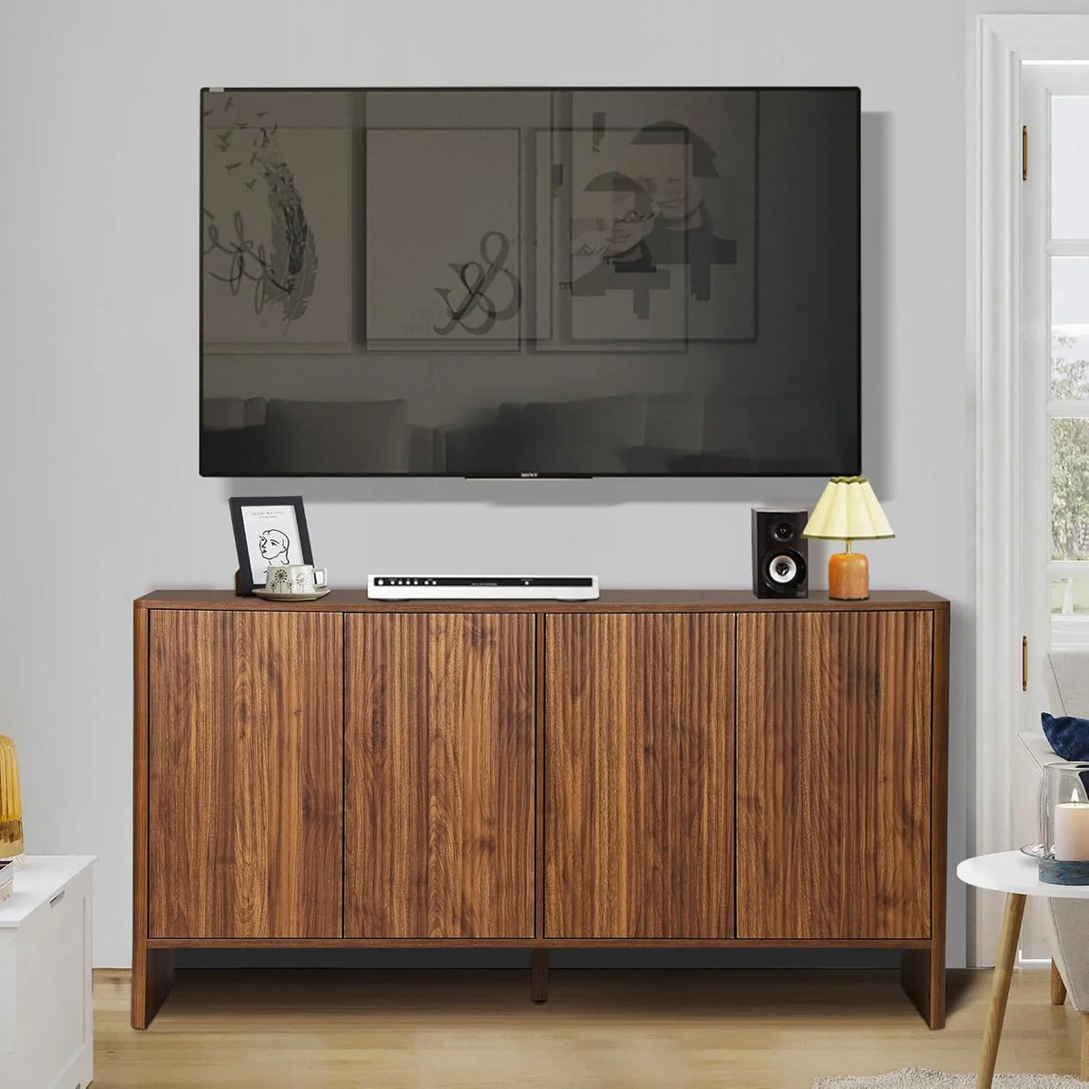 Wirrytor Sideboard Storage Cabinet with Doors and Shelves, Buffet Cabinet with Storage, Credenza Storage Cabinet for Kitchen, Wooden Fluted Cabinet, Under TV Cabinet with Storage - Black