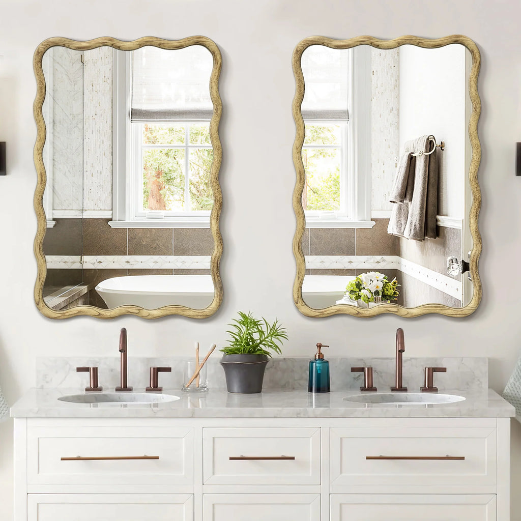 TEWLOSS Wavy Mirrors Wall Mirror, 30"x20" Bathroom Mirror Wood Framed, White