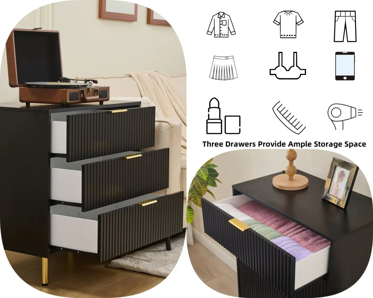 HRYJ White Large 3 Drawers Nightstand Dresser Fluted Wood Night Stand Bedside Table for Bedroom