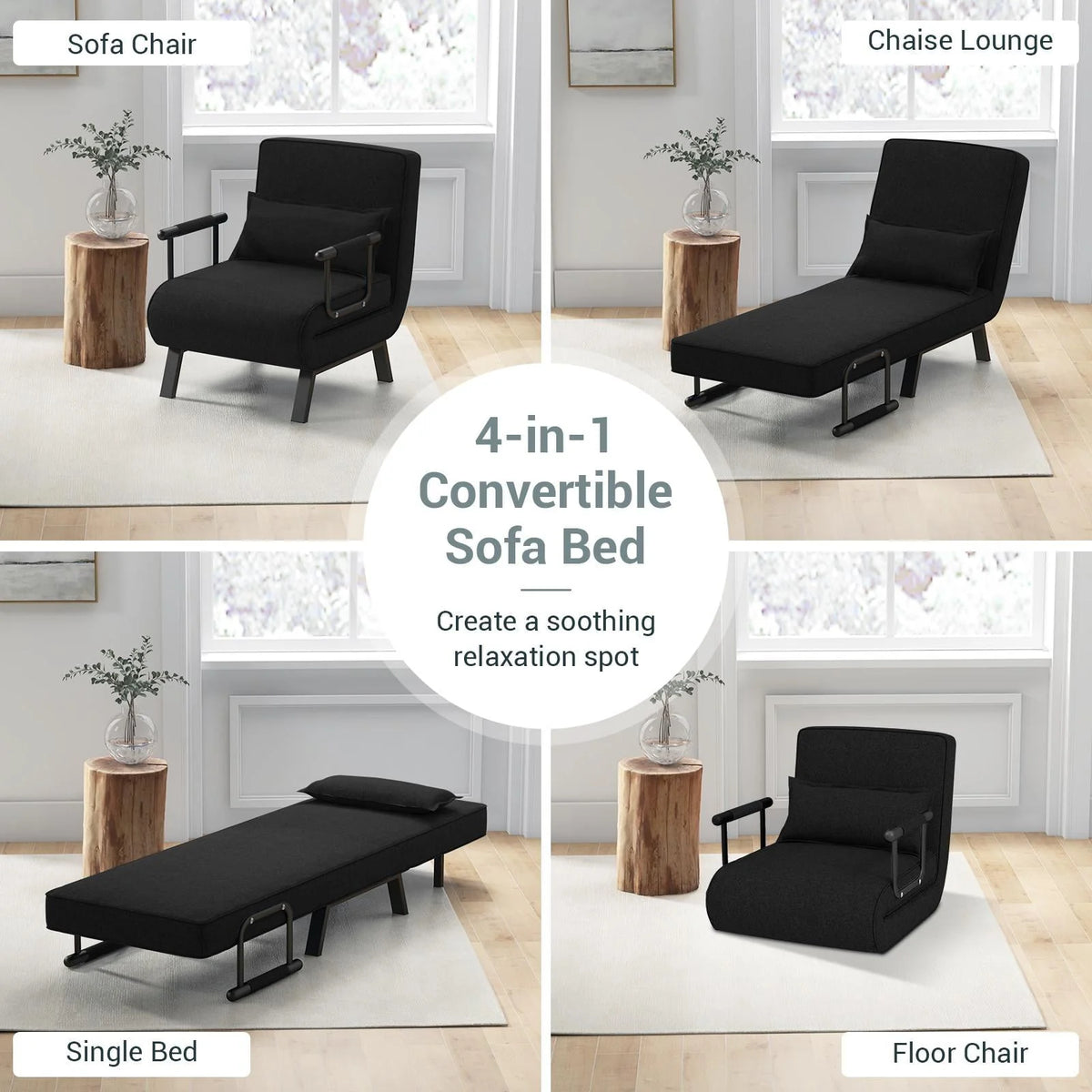 Giantex Convertible Sofa Chair Bed, Leisure Recliner Sleeper w/ 6 Adjustable Position Backrest into Lounge Seat, Folding Sofa Bed w/High Elastic Sponge, Durable Steel, Ideal for Home, Office (Black)