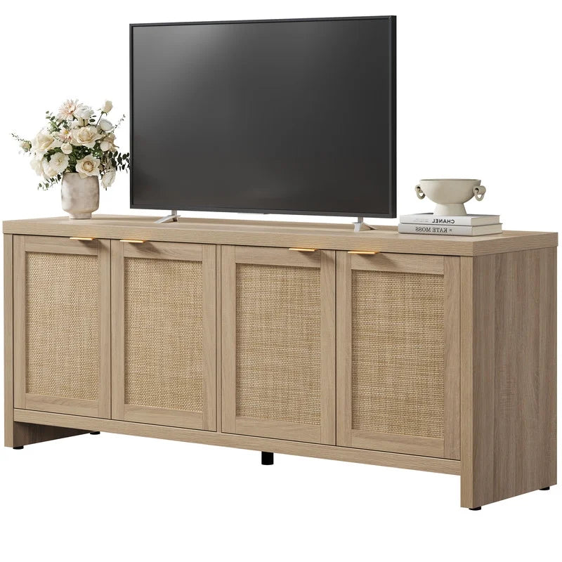 SICOTAS 61.5"W Rattan TV Stand with 4 Doors, Boho Entertainment Center with Adjustable Shelves & Spacious Countertop Large Boho Farmhouse Media Console for Living Room, Reclaimed Caramel Oak