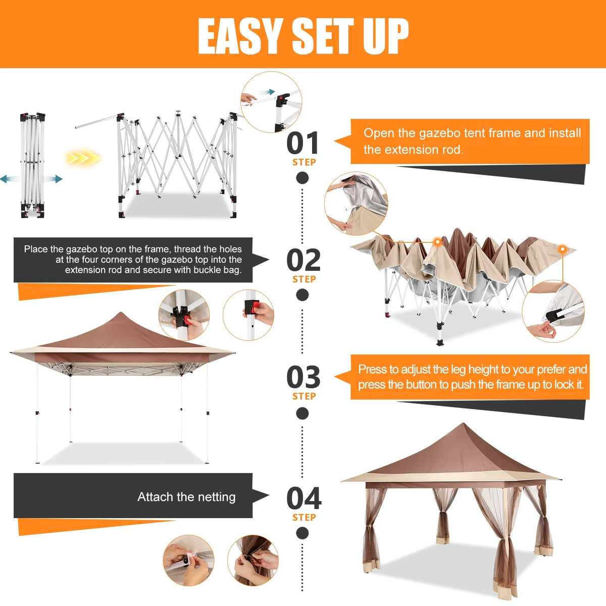 HOTEEL 11x11 Outdoor Waterproof Gazebo, Pop up Canopy Gazebo with Mosquito Netting & UV Protection for Parties, Camping, Weddings, and Backyard Events, Gray