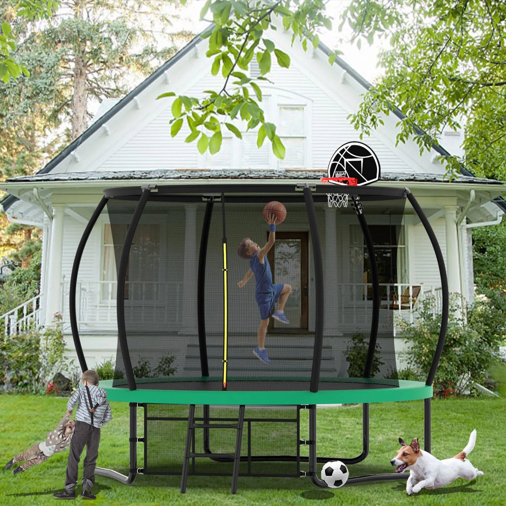 Netrum 10ft Kids Trampoline with Basketball Hoop, Outdoor Trampolines with Enclosure Net,Ladder, 880Lbs Trampoline for 4 Kids Green