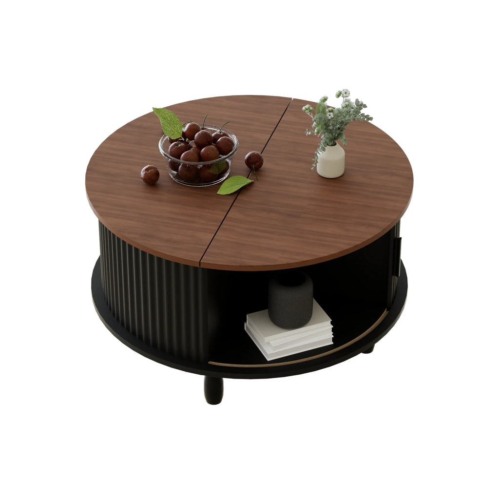 RUMLIVE Round Coffee Table with Storage, 30.7" Modern Coffee Table with 360 Curved Sliding Door, Fluted Wood Coffee Table with Footpads, Round Center Table for Living Room, Black