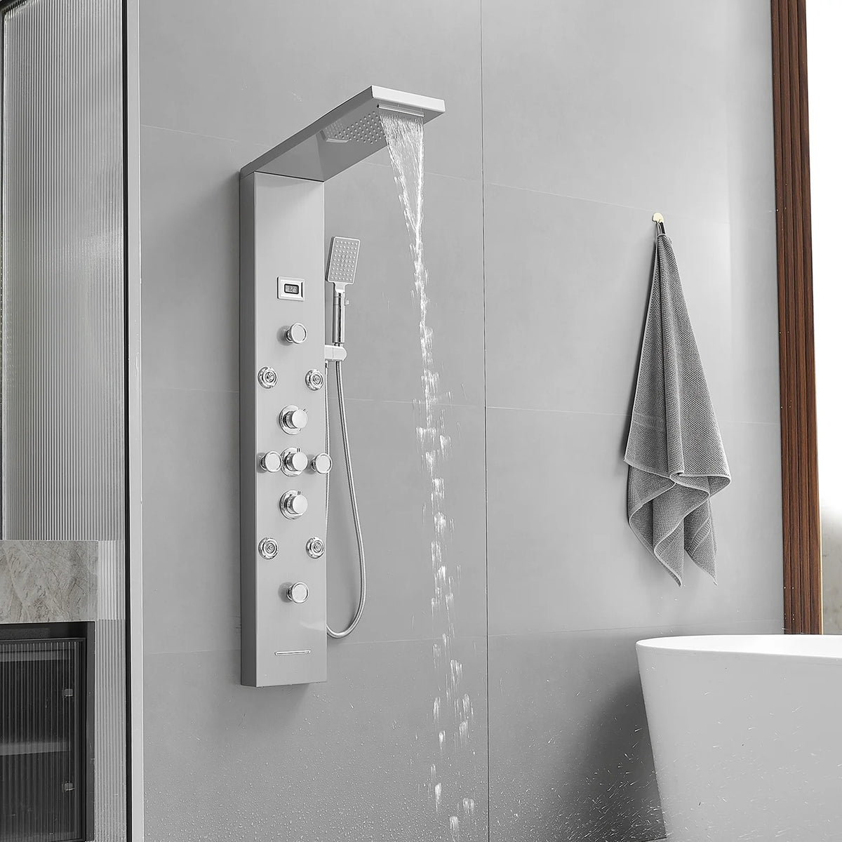 8-Jet Rainfall Shower Panel System with Rainfall Waterfall Shower Head and Shower Wand in chrome Nickel